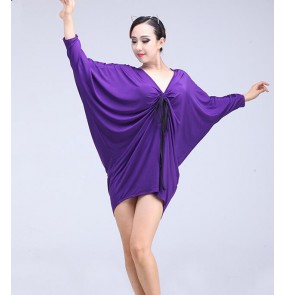 Black purple violet batwing loose sleeves v neck spandex women's ladies female competition gymnastics performance latin ballroom dance dresses tops 